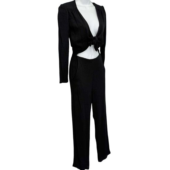 Reformation Black Ferris Textured Cut Out Tie Front Long Sleeve Jumpsuit size 0 - Picture 15 of 15